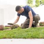 Gardener Installing Natural Grass Turfs Creating Beautiful Lawn Field